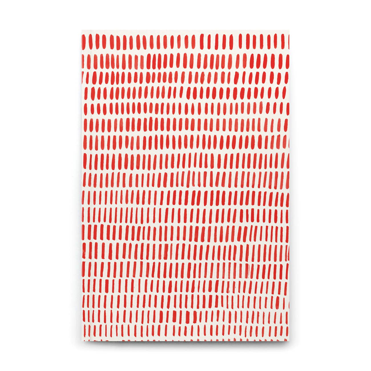Ein weißer, rechteckiger Einband zeigt gleichmäßig verteilte vertikale rote Pinselstriche in wellenförmigen horizontalen Reihen, die das elegante Design des Petit Gramme | Kleines mittelgroßes Notizbuch mit roten Linien von Petit Gramme widerspiegeln.