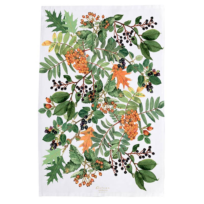 Wir präsentieren das Koustrupco-Geschirrtuch aus 100 % Bio-Baumwolle mit Herbstmotiv: Dieses weiße Geschirrtuch von Koustrupco besticht durch ein farbenfrohes botanisches Design mit grünen Blättern, orangefarbenen Beeren, schwarzen Beeren sowie orangefarbenen und gelben Herbstblättern als Akzente. Am unteren Rand ist das Wort „Autumn“ aufgedruckt.