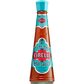 Eine 148-ml-Glasflasche Firelli | Italienische scharfe Soße mit türkisfarbenem Verschluss und leuchtend roter Soße steht mittig auf einem weißen Hintergrund. Das Etikett zeigt rote, türkise und weiße Akzente für diese kühne Firelli Chilisauce.