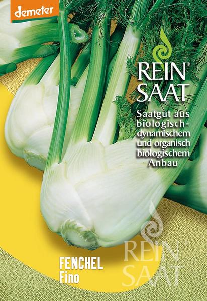 Auf einer gelben Fläche sind mehrere frische Fenchelknollen mit grünen Stängeln und Wedeln abgebildet, verpackt als Reinsaat Fenchel 'Fino', bekannt für seine weiße Knolle und die Eignung für den Frühanbau (Frühkultur geeignet).