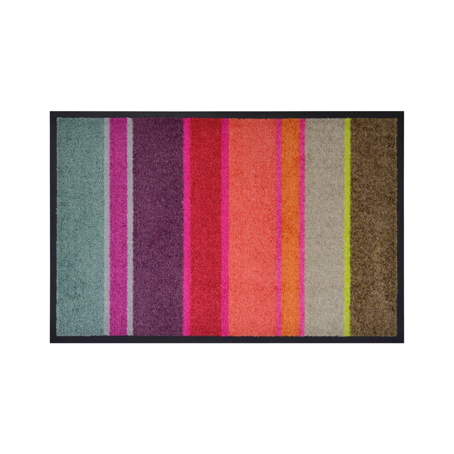 Die Remember Fußmatte 'Largo' besticht mit rutschfester Oberfläche, vertikalen Streifen in Teal, Lila, Pink, Rot, Orange, Beige, Limette und Braun samt schwarzem Rand und ist für einfache Pflege waschbar.