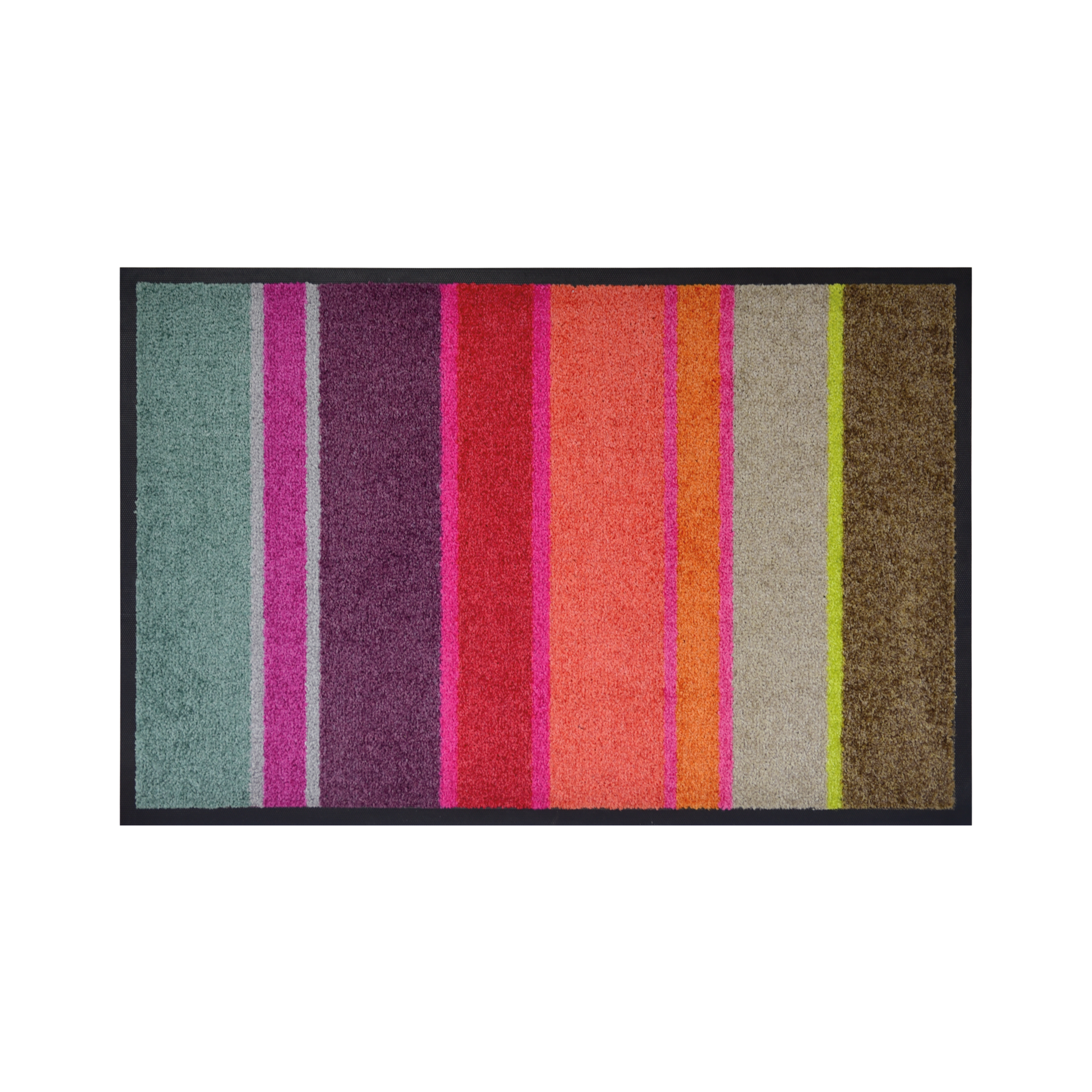 Die Remember Fußmatte 'Largo' besticht mit rutschfester Oberfläche, vertikalen Streifen in Teal, Lila, Pink, Rot, Orange, Beige, Limette und Braun samt schwarzem Rand und ist für einfache Pflege waschbar.