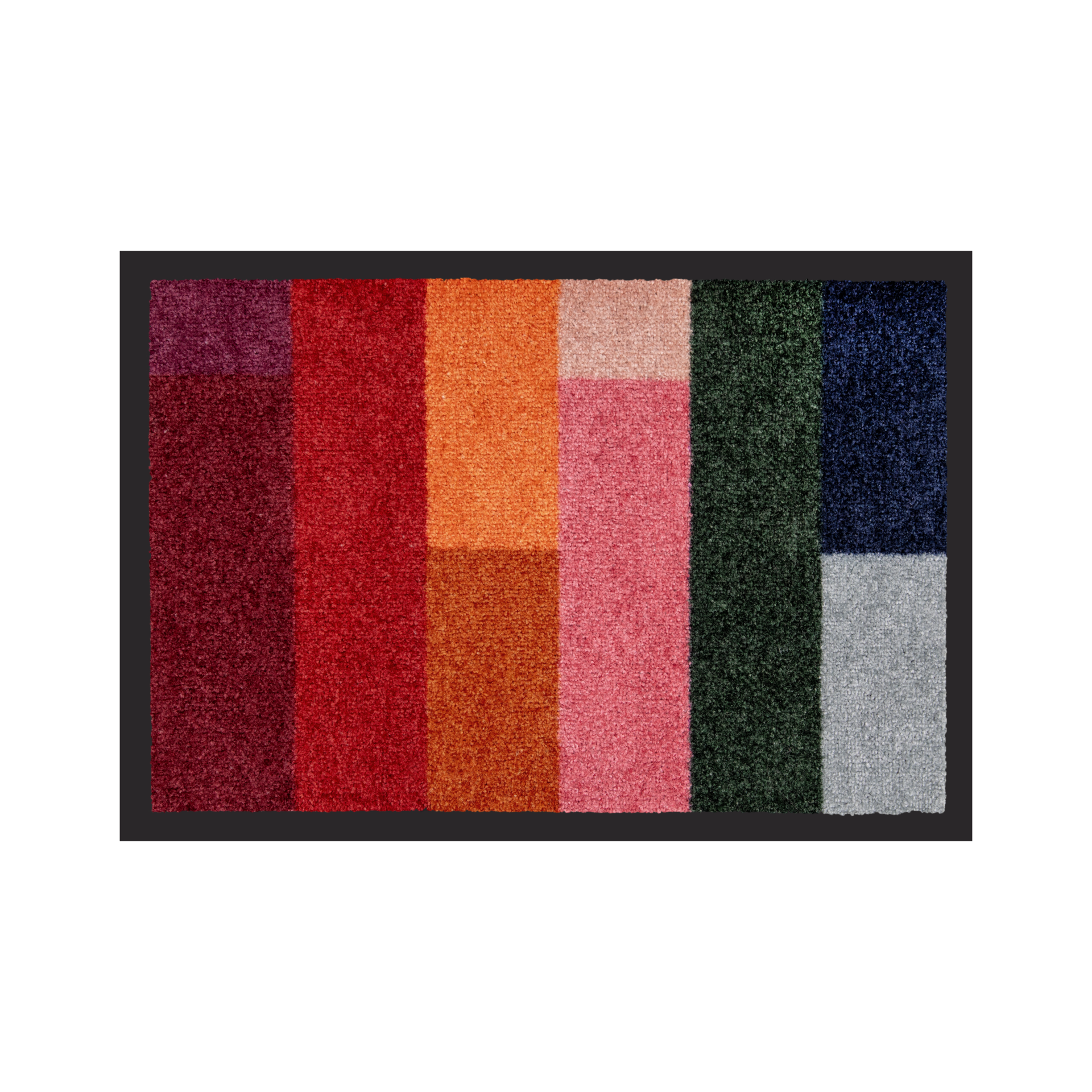Die rutschfeste, waschbare Remember Fußmatte 'Nero' begeistert mit schwarzem Rand und vertikalen Streifen in Rot, Orange, Pink, Grün, Blau, Grau und Lila.