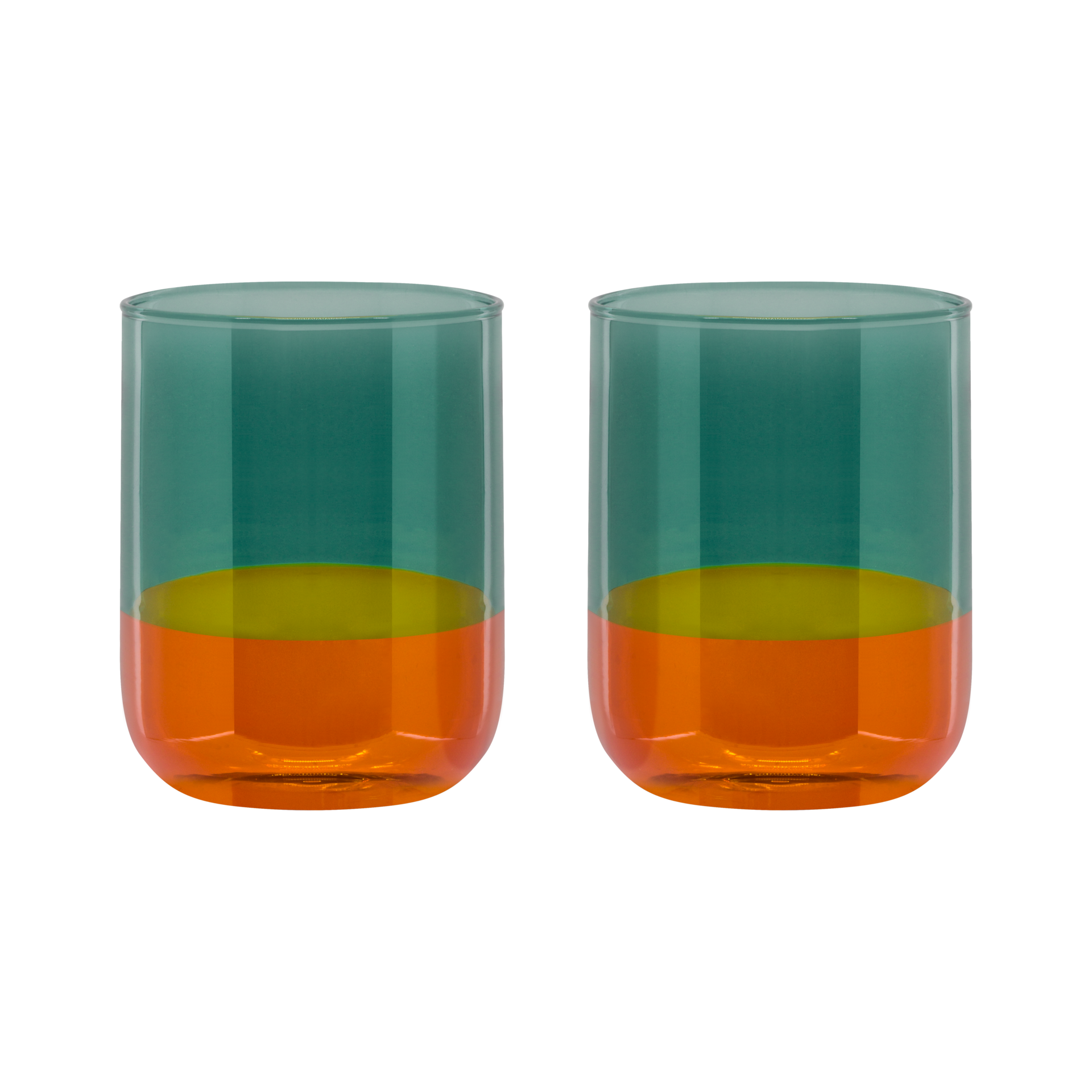 Das Remember 'Amber' Gläser aus Borosilikatglas 2er Set besteht aus zwei modernen Gläsern mit geometrischem Design, einer tealfarbenen oberen Hälfte und einer bernstein-orangenen unteren Hälfte, die vor einem schlichten weißen Hintergrund stehen.