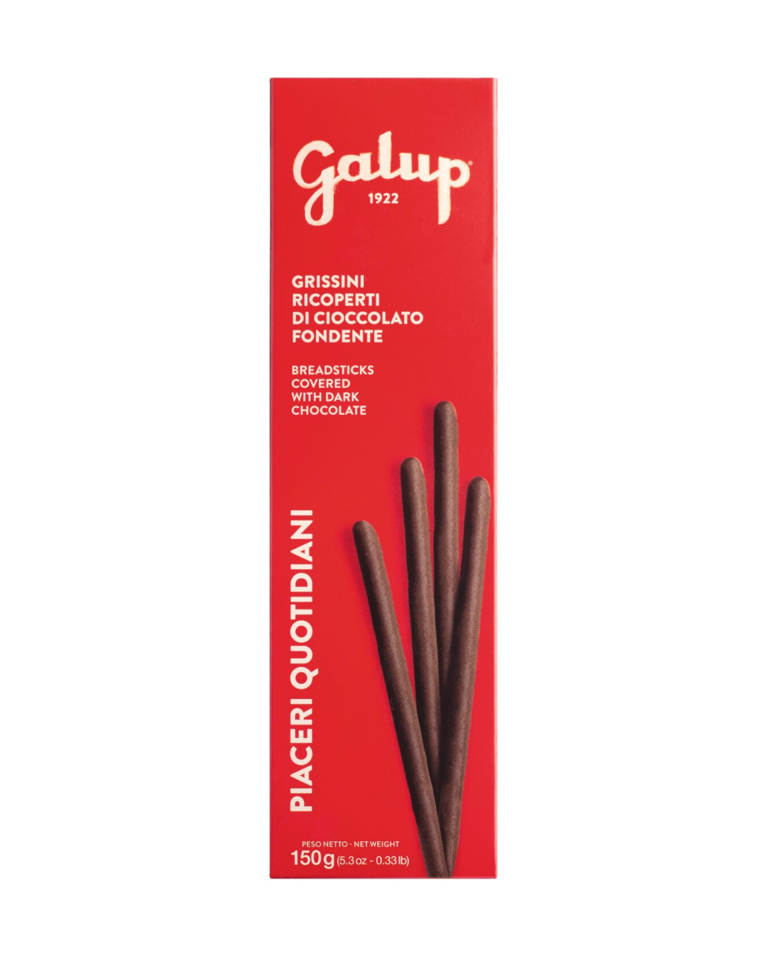 Eine rote Schachtel mit Galup Grissini mit Zartbitterschokolade steht aufrecht und zeigt Bilder von knusprigen italienischen Brotstangen, die mit dunkler Schokolade überzogen sind. Der Verpackungstext auf Italienisch und Englisch beschreibt diese elegante Leckerei.