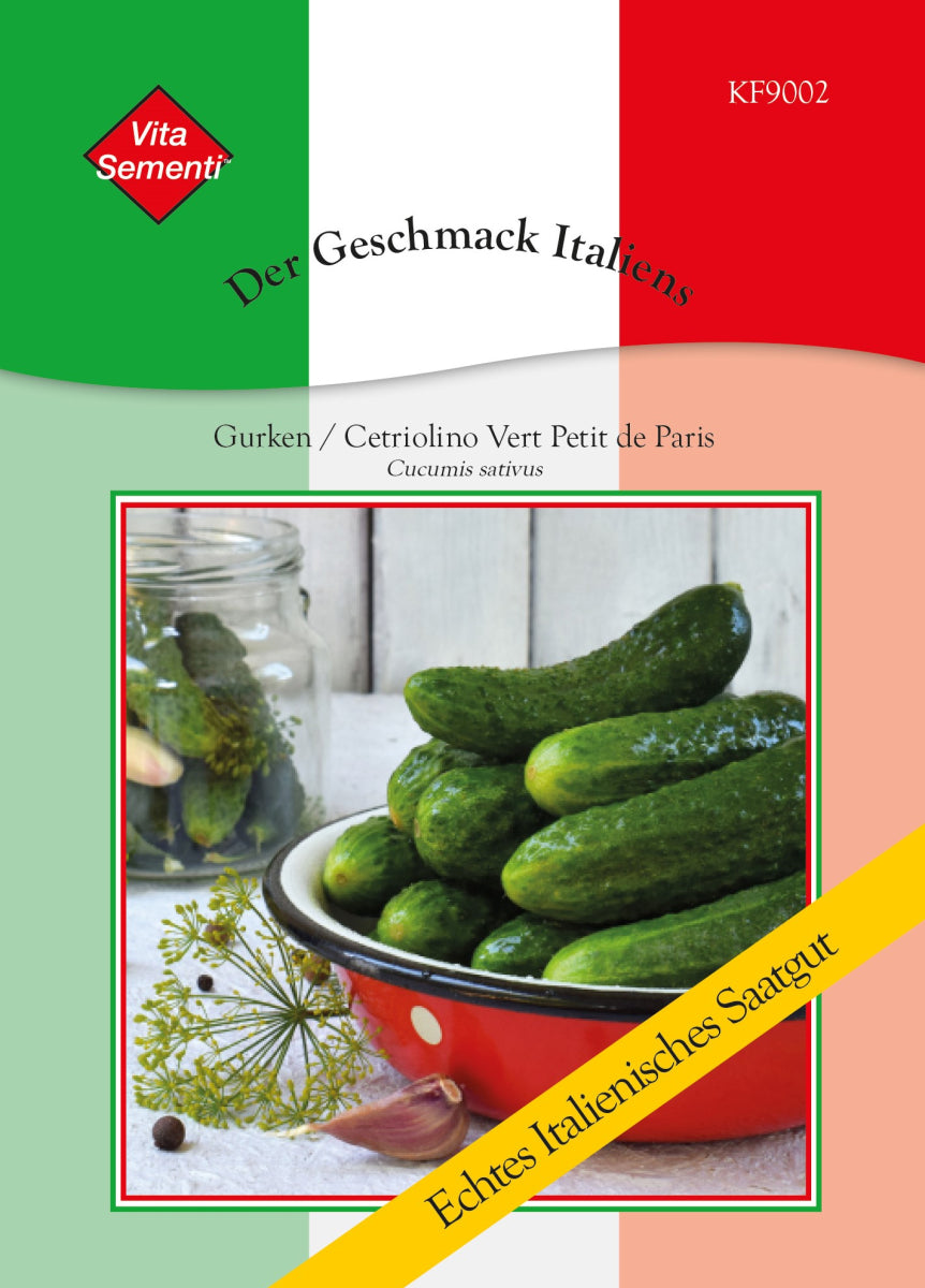 Thompson und Morgan Samenpackung für Gurken 'Cetriolino Vert Petit de Paris', mit rotem, weißem und grünem Muster, einer Schale mit frischen Gurken, Dill und Pfefferkörnern. Deutscher Text: "Echte italienische Samen" & "Der Geschmack Italiens".