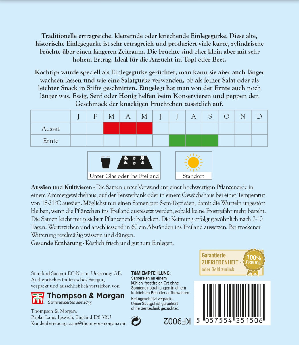 Rückseite der Thompson und Morgan Saatgutverpackung für Gurken 'Cetriolino Vert Petit de Paris' mit Angaben zu Pflanz-/Erntezeiten, Pflege, Sorteninfos für kletternde Gurken, Herstellerinfo, Farbsymbolen und Garantiesiegel.