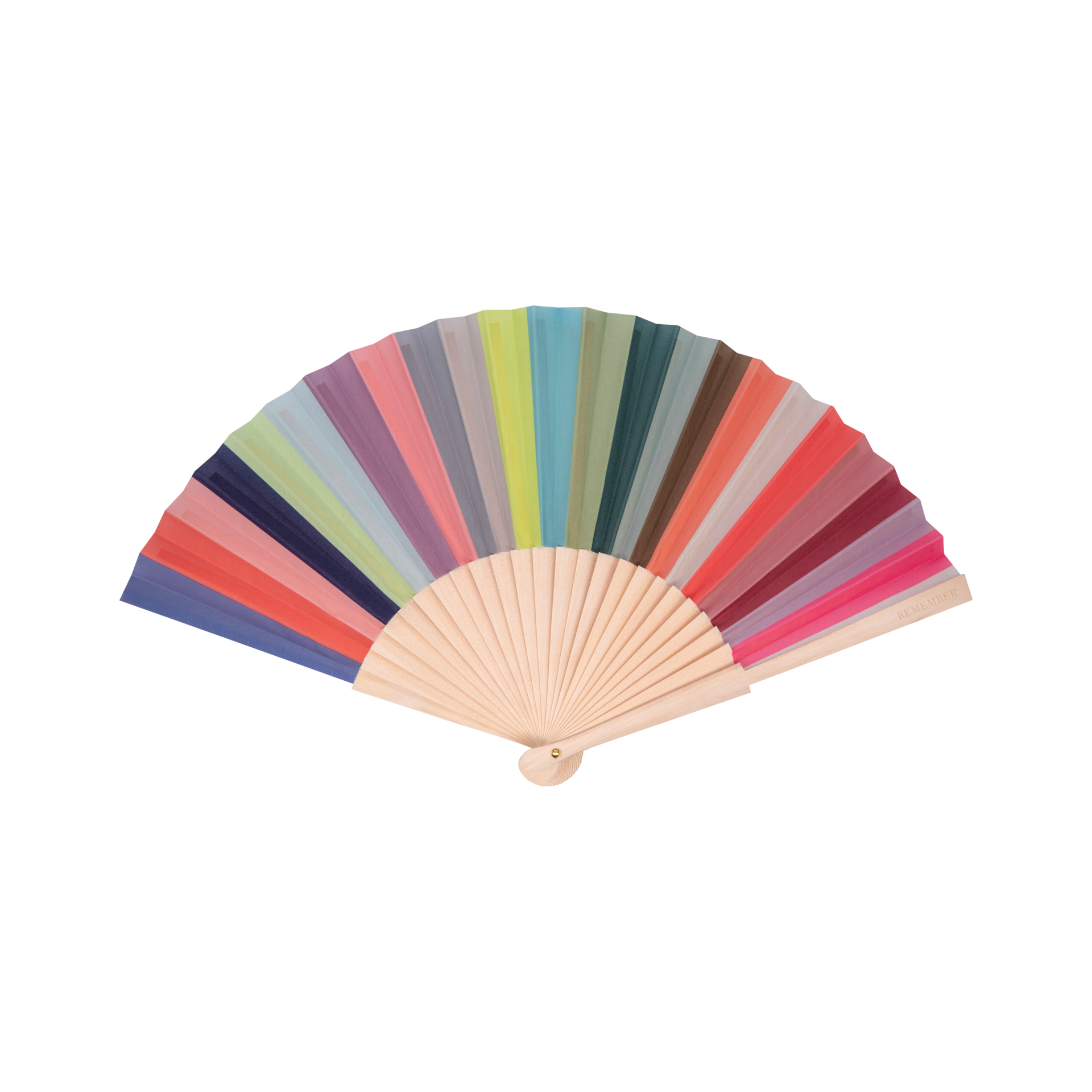 Ein stilvolles Accessoire: Der Remember Handfächer 'Lorenzo' mit Lotusholz-Rippen und Stoff in Blau, Grün, Gelb, Pink, Rot und Lila - kunstvoll zum Regenbogenmuster arrangiert.