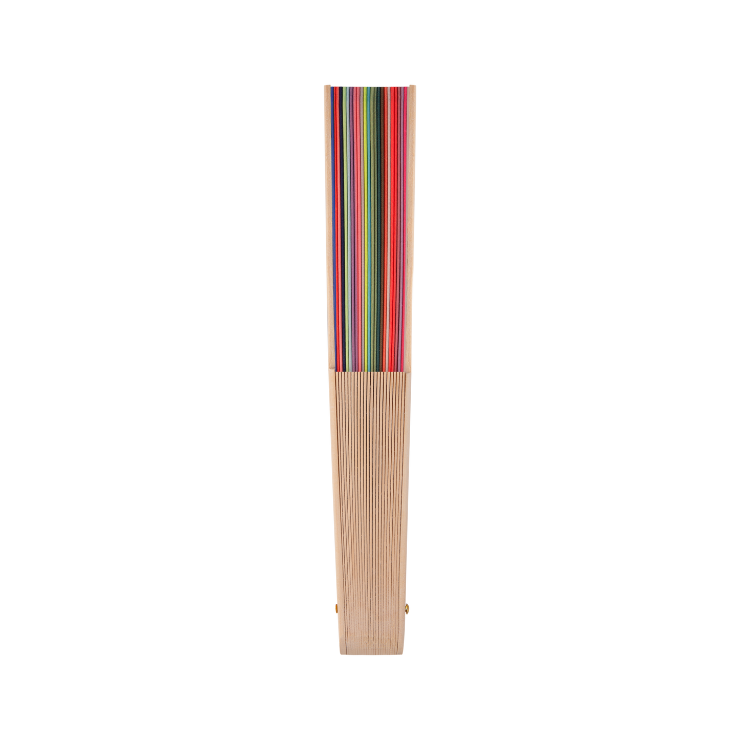 Der Remember Handfächer 'Lorenzo' hat einen Holzsockel aus edlem Lotusholz und vertikale, mehrfarbige Streifen. Dieses elegante Accessoire von Remember ist auf einem schlichten weißen Hintergrund abgebildet.