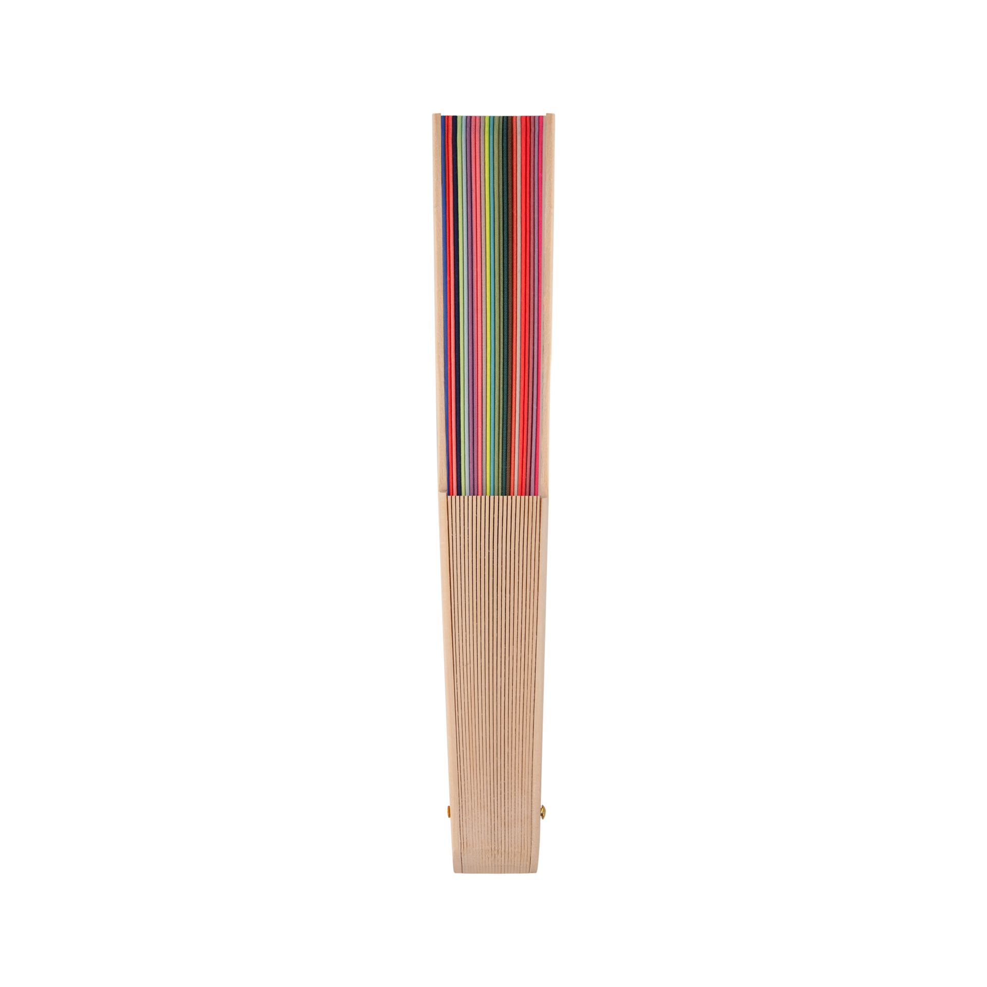 Der Remember Handfächer 'Lorenzo' hat einen Holzsockel aus edlem Lotusholz und vertikale, mehrfarbige Streifen. Dieses elegante Accessoire von Remember ist auf einem schlichten weißen Hintergrund abgebildet.