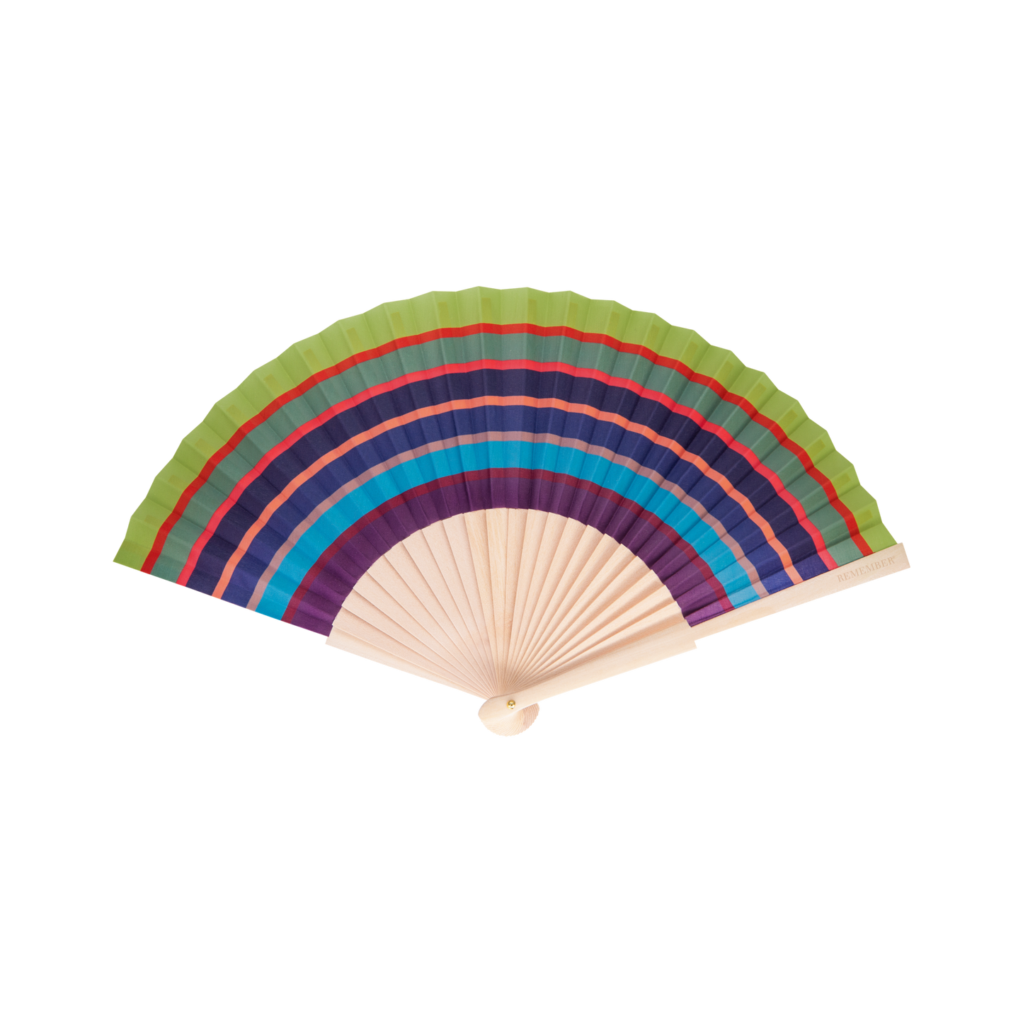 Der Remember | Handfächer 'Costa' von Remember ist ein handgehaltener Faltfächer mit grün, rot, blau und violett gestreiftem Papier auf hellen Holzrippen - ein auffälliges Accessoire, das geöffnet vor einem weißen Hintergrund steht.