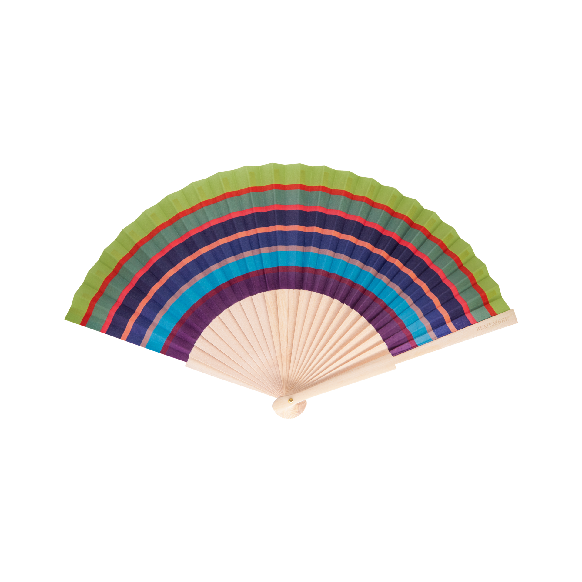 Der Remember | Handfächer 'Costa' von Remember ist ein handgehaltener Faltfächer mit grün, rot, blau und violett gestreiftem Papier auf hellen Holzrippen - ein auffälliges Accessoire, das geöffnet vor einem weißen Hintergrund steht.