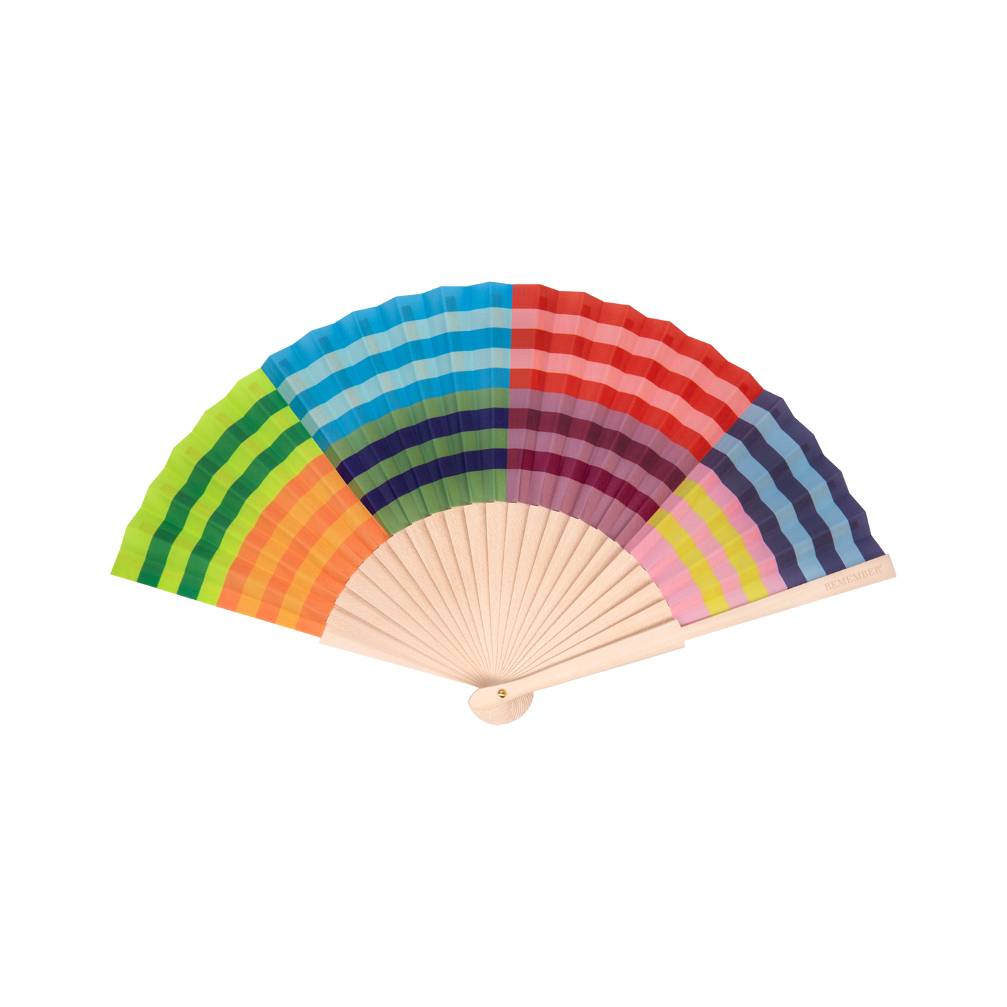 Ein stilvolles Accessoire: Der Remember Handfächer 'Havanna' mit Lotusholz-Rippen und Stoffblatt im Regenbogenverlauf ist das elegante Highlight für jedes Outfit.