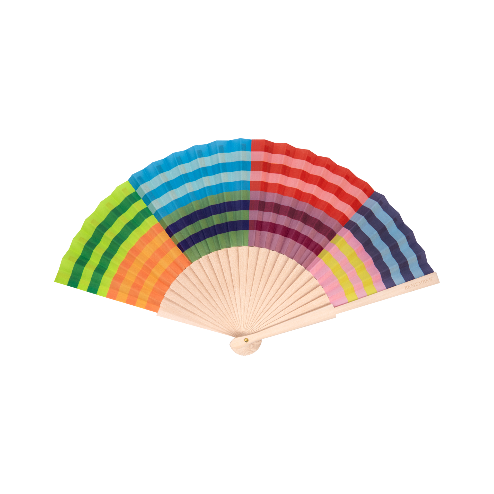 Ein stilvolles Accessoire: Der Remember Handfächer 'Havanna' mit Lotusholz-Rippen und Stoffblatt im Regenbogenverlauf ist das elegante Highlight für jedes Outfit.