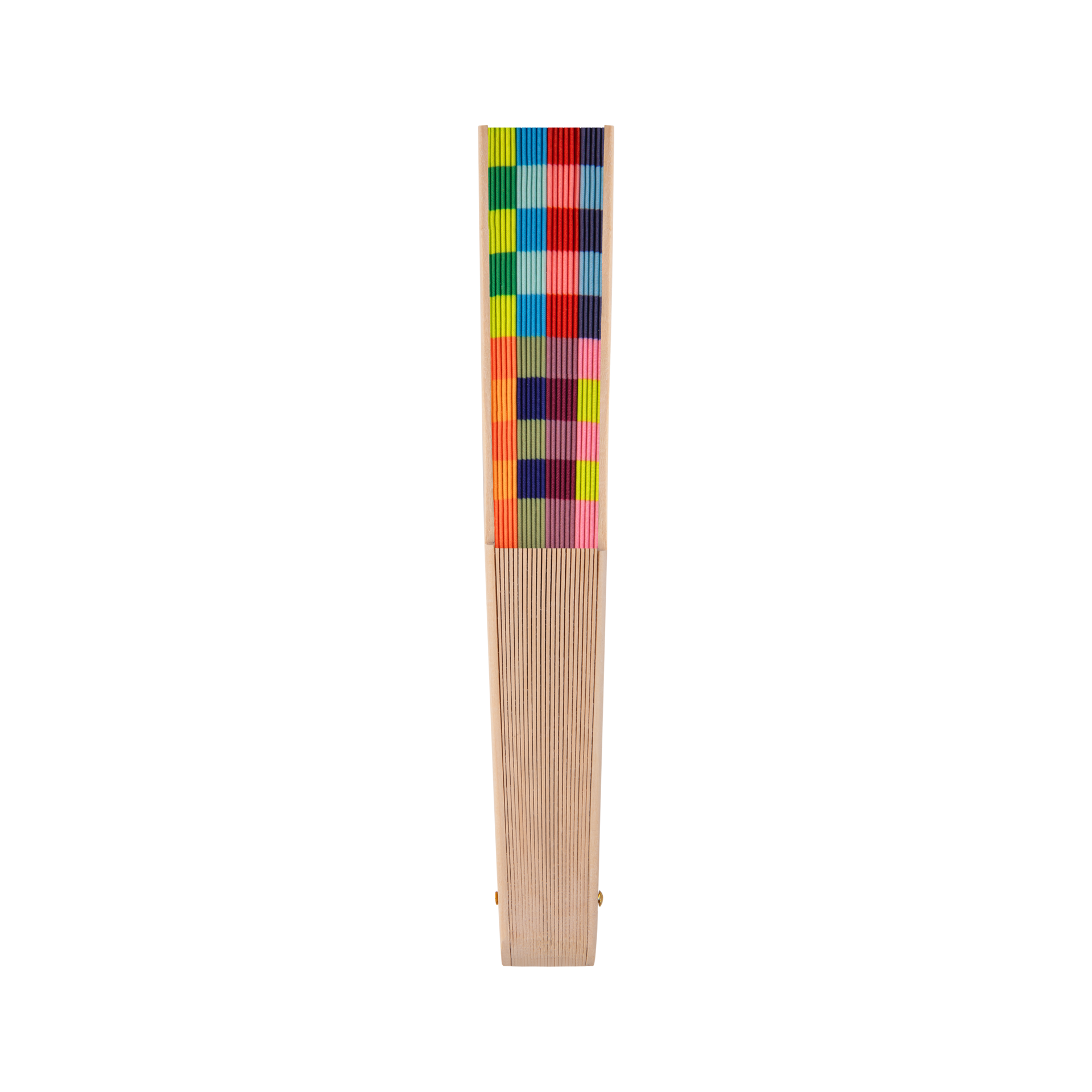 Das Remember Handfächer 'Havanna' von Remember hat eine rechteckige Platte mit einem leuchtend blauen, grünen, roten, orangen, gelben und rosafarbenen Karomuster und einen schlichten hellen Holzsockel - ein stilvolles Accessoire und perfekte Geschenkidee.