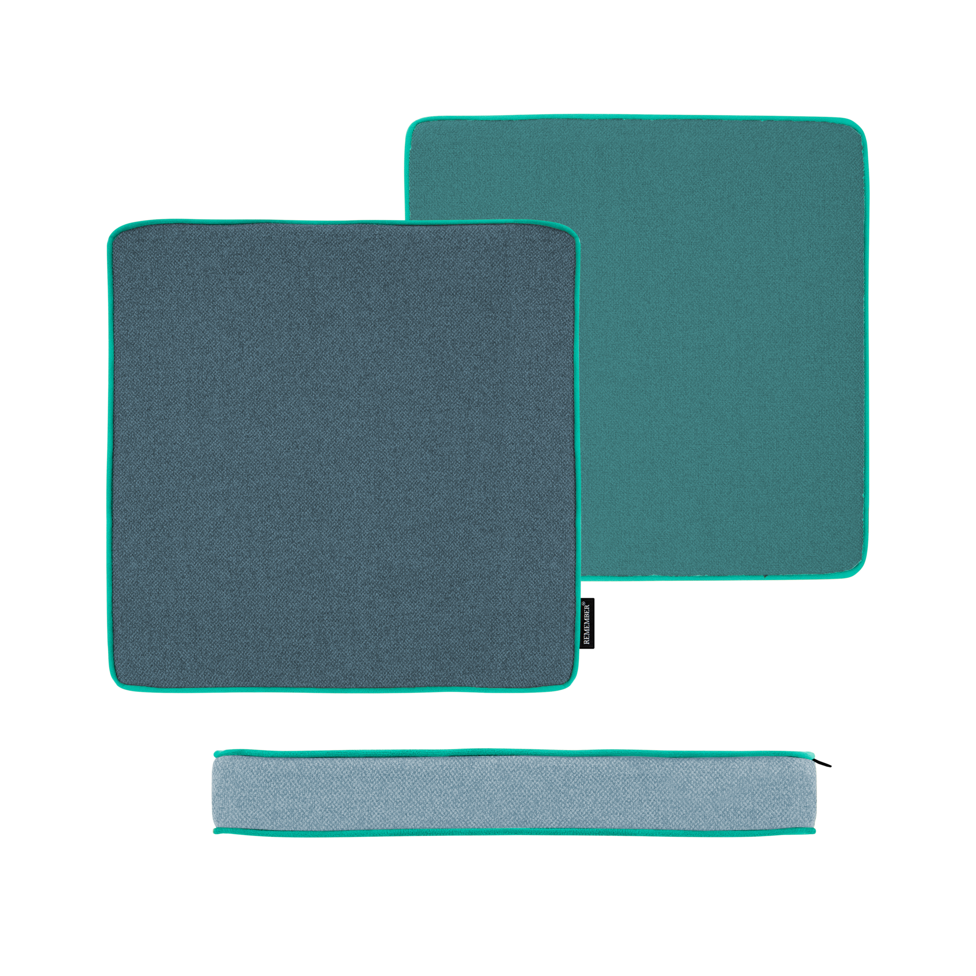 Das Remember Sitzkissen 'Blueberry' (40 x 40 x 5 cm) von Remember in stylischem Teal und Grau bringt Gemütlichkeit und Farbe in Ihren Außenbereich - ideal als Garten- oder Balkonkissen.