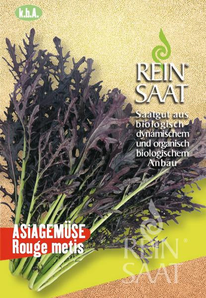 Eine Mischung aus dunkelrotem und grünem asiatischem Blattgemüse mit der Bezeichnung Reinsaat | Asiagemüse 'Rouge metis' (Brassica juncea), abgebildet auf gelbem Hintergrund mit dem Reinsaat-Logo und deutschem Text über Bio-Senfkörner mit einem Hauch von Senfaroma.