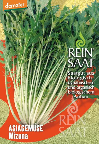 Reinsaat | Asiagemüse 'Mizuna' Samen von Reinsaat, mit einem Foto von frischen, grünen, gefiederten Blättern. Der Text weist darauf hin, dass sie frosthart und perfekt für den biologischen und biodynamischen Anbau von asiatischem Gemüse sind.