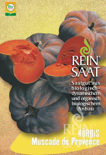 Die Saatgutpackung von Reinsaat Kürbis 'Muscade de Provence' zeigt einen Zierkürbis und ein geschnittenes Stück mit aromatischem Fruchtfleisch. Der deutsche Text hebt Bio-Saatgut von Reinsaat für den biologisch-dynamischen und ökologischen Anbau hervor.