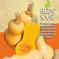 Vier Mini Butternut-Kürbisse von Reinsaat, einer davon aufgeschnitten, so dass das orangefarbene Fruchtfleisch und die Kerne sichtbar werden, liegen auf einer orangefarbenen Fläche. Der Text lautet "ReinSaat | Kürbis 'Mini Butternut'". Oben links erscheint das Demeter-Logo. Perfekt für Single-Küchen.