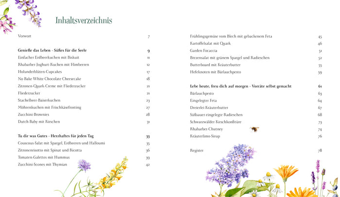 Ein Inhaltsverzeichnis in deutscher Sprache für "Eine kleine Pause im Grünen | Kulinarische Vielfalt der Jahreszeiten" vom Hölker Verlag listet Gartenrezepte mit Seitenzahlen auf, verziert mit Kräuter- und Blumenaquarellen im Stil von Marjolein Bastin.