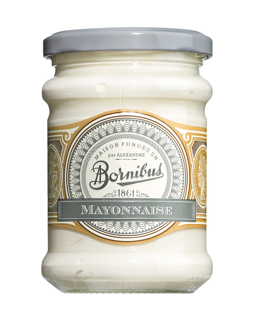 Ein 220-g-Glas von Bornibus | Mayonnaise aus frischem Eigelb mit einem grauen Deckel und einem verschnörkelten beige-gold-grauen Etikett mit dem Markennamen Bornibus. Das Glas enthält cremige weiße Mayonnaise.