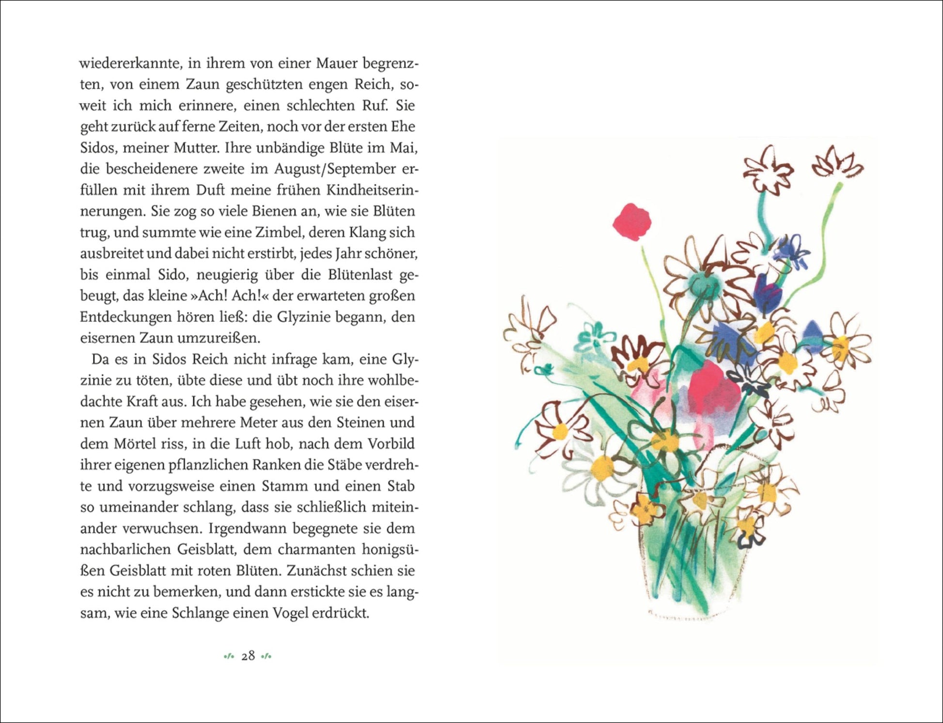 Eine Seite aus Colette | Mein Blumenalbum aus dem Insel Verlag zeigt links den Text und rechts eine Illustration im Stil von Raoul Dufy mit bunten Wildblumen, die sich in einer Glasvase befinden, mit Gänseblümchen und roten, gelben und blauen Blüten mit grünen Blättern.