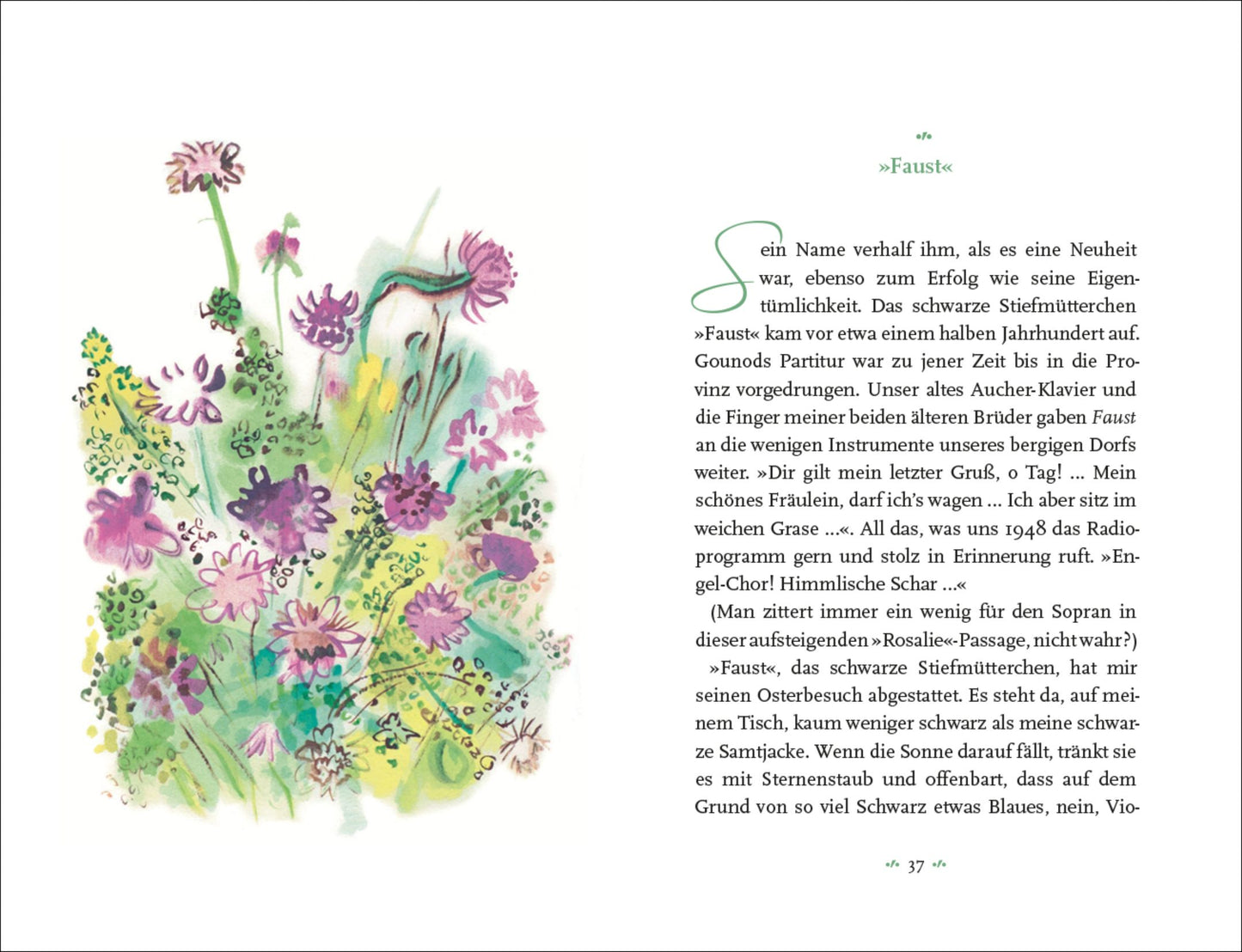 Ein Aquarell mit Wildblumen und Gräsern im Stil von Raoul Dufy Aquarelle ziert die linke Seite. Auf der rechten Seite steht ein deutscher Text mit dem Titel "Colette | Mein Blumenalbum" vom Insel Verlag, mit einer grünen Initiale auf sauberem weißen Hintergrund.