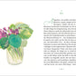 Links ist ein Aquarell einer Glasvase mit violetten Blüten und grünen Blättern abgebildet. Rechts ist eine Seite aus Colette | Mein Blumenalbum vom Insel Verlag unter "Blau" mit einem grünen Zierbuchstaben A am Anfang des Textes abgebildet.