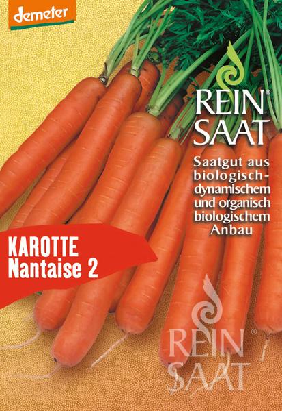 Abgebildet ist eine Packung Reinsaat Karotte 'Nantaise 2' mit frischen orangefarbenen Möhren mit grünen Spitzen auf orangefarbenem Hintergrund. Der Text hebt hervor, dass das Saatgut biologisch und biodynamisch ist.