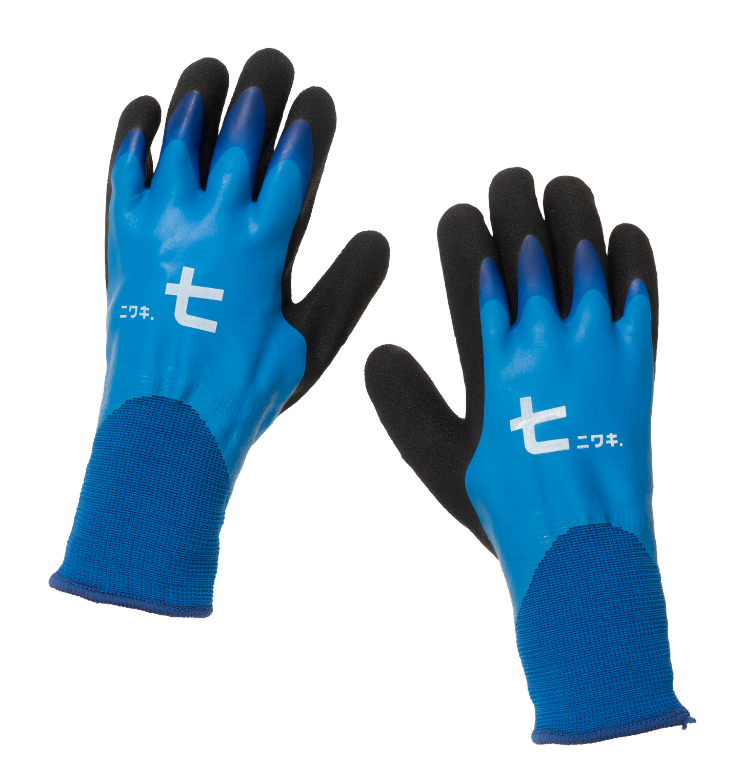 Ein Paar blaue Niwaki Winterhandschuhe mit schwarzen Handflächen und weißen japanischen Schriftzeichen sind auf weißem Hintergrund abgebildet. Diese warmen, wasserabweisenden & komfortablen Handschuhe von Niwaki sind ideal für Aufgaben bei kaltem Wetter.