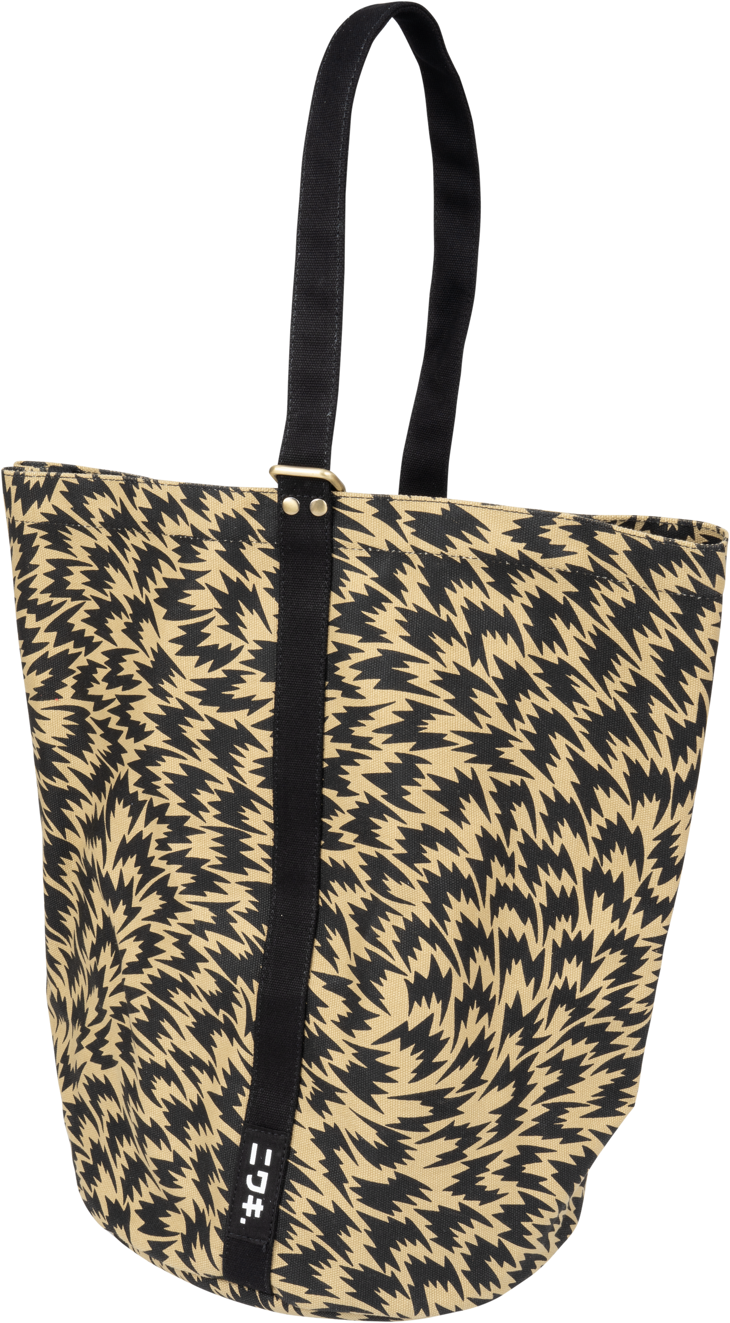 Die Niwaki Kantan Werkzeugtasche - Eley Kishimoto X Niwaki Flash Kantan Bag besteht aus schwarzem und beigem Zickzack-Canvas, zwei schwarzen Henkeln und einem seitlichen schwarzen Riemen mit weißen Symbolen und ist eine stilvolle, geräumige Tasche.