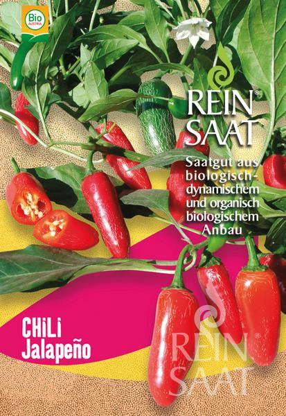 Die bunte Saatgutpackung für Reinsaat Chili 'Jalapeno Ruben' zeigt ganze und geschnittene rote und grüne Chilis (Capsicum frutescens) mit Blättern, deutschem Text und einem Bio-Zertifizierungsetikett in der oberen linken Ecke.