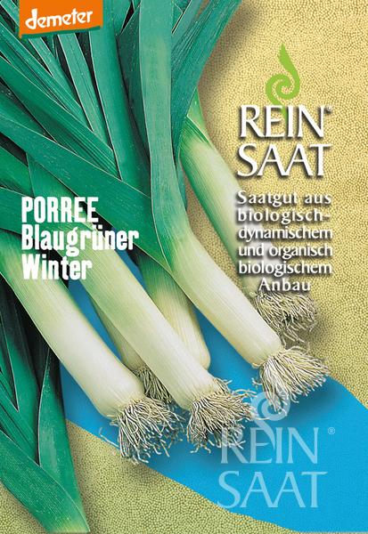 Eine Packung mit Samen von Reinsaat | Porree 'Blaugrüner Winter' von Reinsaat, die frischen Lauch auf blauem und gelbem Hintergrund mit deutschem Text zeigt, der biodynamische und ökologische Anbaumethoden hervorhebt.