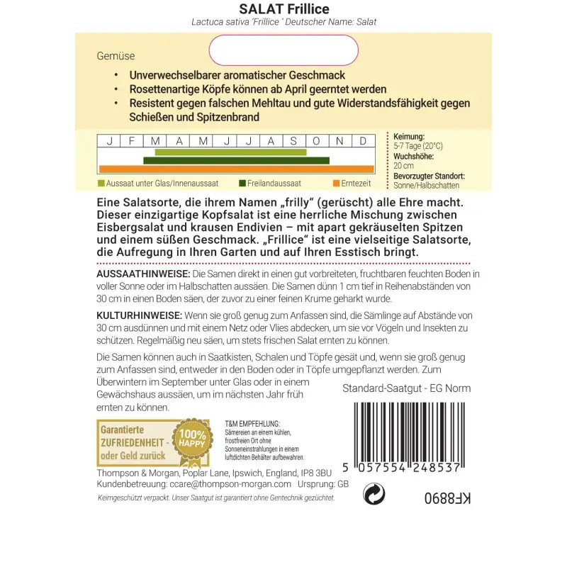 Rückseite einer Saatgutpackung von Thompson und Morgan Salat 'Frillice' mit deutschen Angaben zu diesem Krauser Salat/Eisbergsalat, einschließlich Pflanzkalender, Eigenschaften, Aussaattipps, Barcode, Zertifizierungslogos; grüne, gelbe und braune Highlights.