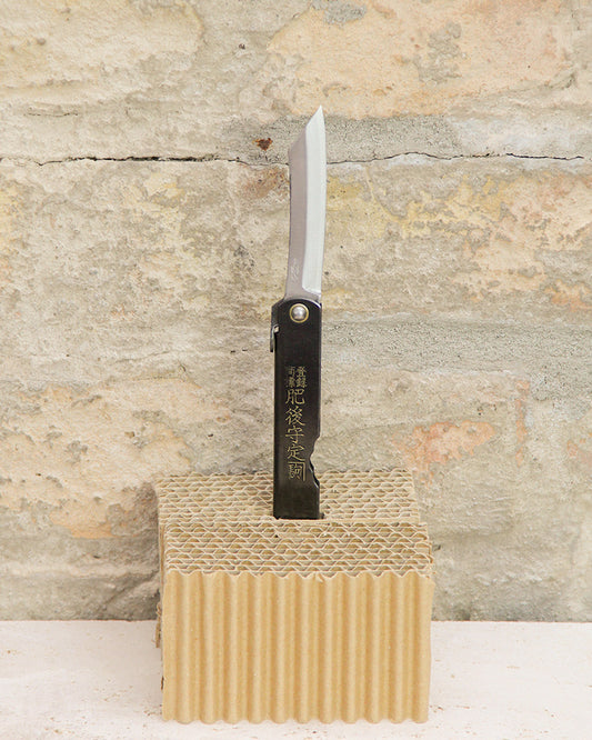 Ein Niwaki „SK Higonokami Folding Knife“ Klappmesser (171 mm) mit japanischen Schriftzeichen auf dem Griff steht aufrecht auf einem Stück Wellpappe vor dem Hintergrund einer strukturierten Steinwand. Dieses traditionelle Niwaki-Taschenmesser verkörpert klassische japanische Handwerkskunst und Stil.