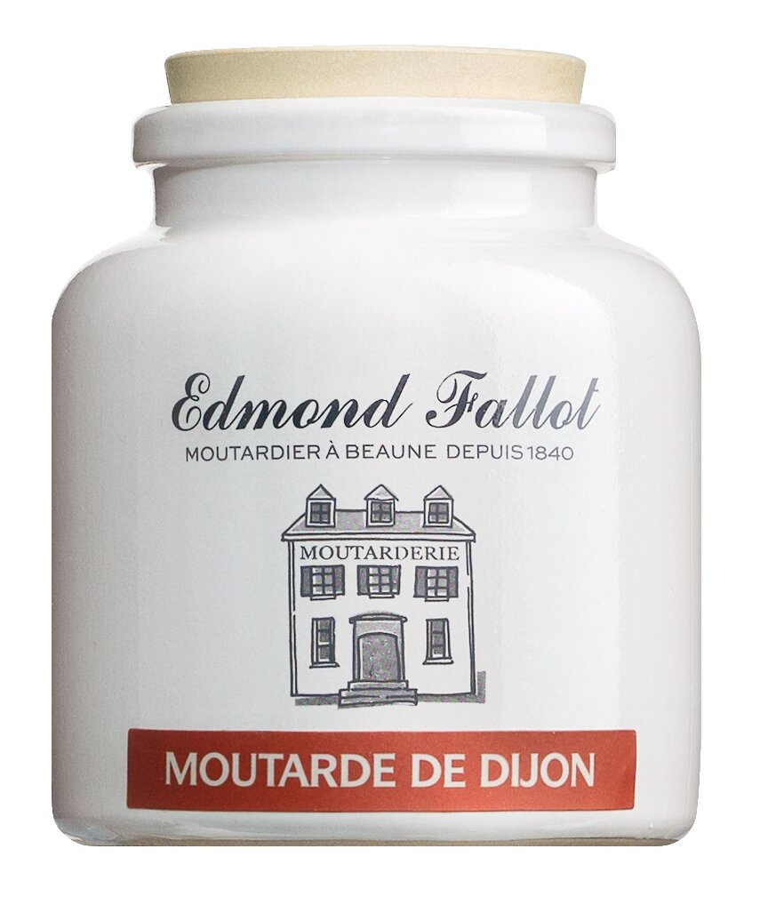 Ein weißes Keramikgefäß mit der Aufschrift Fallot | 'Moutarde de Dijon' Feiner Senf aus Steintopf, mit einer schwarzen Gebäudeillustration und roten Akzenten. Dieser Dijon-Senf von Fallot ist ideal für Fans der französischen Küche. Wird mit einem hellen Deckel geliefert.