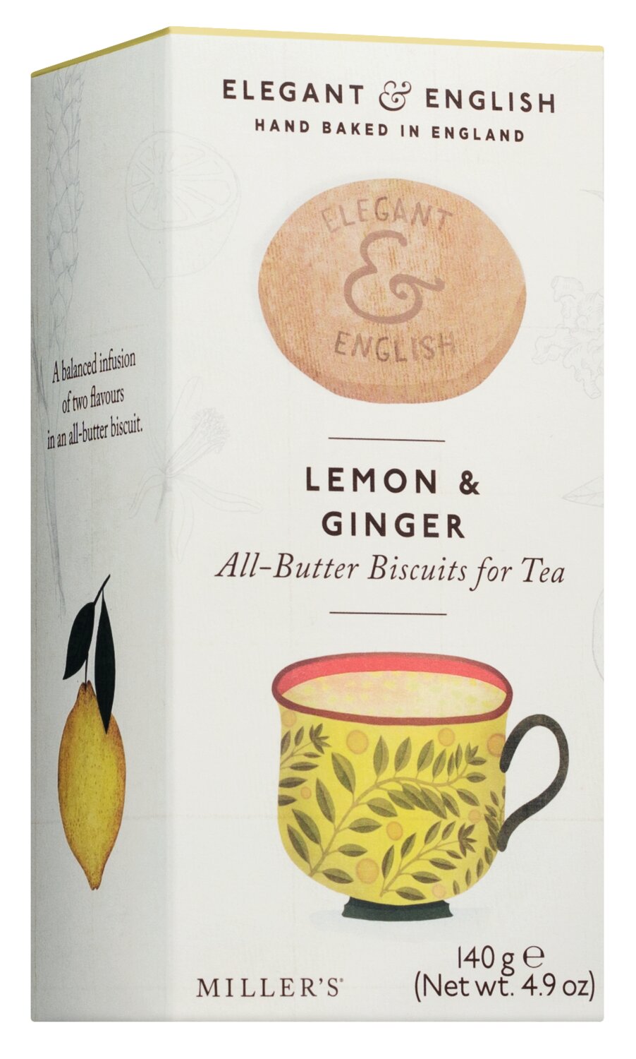 Eine Schachtel Lady Joseph Elegant & English Butterkekse mit Zitrone & Ingwer (130 g) zeigt eine gelbe Teetasse mit Blattmustern, Zitronenmotiven und dem Logo der Marke auf der Vorderseite.