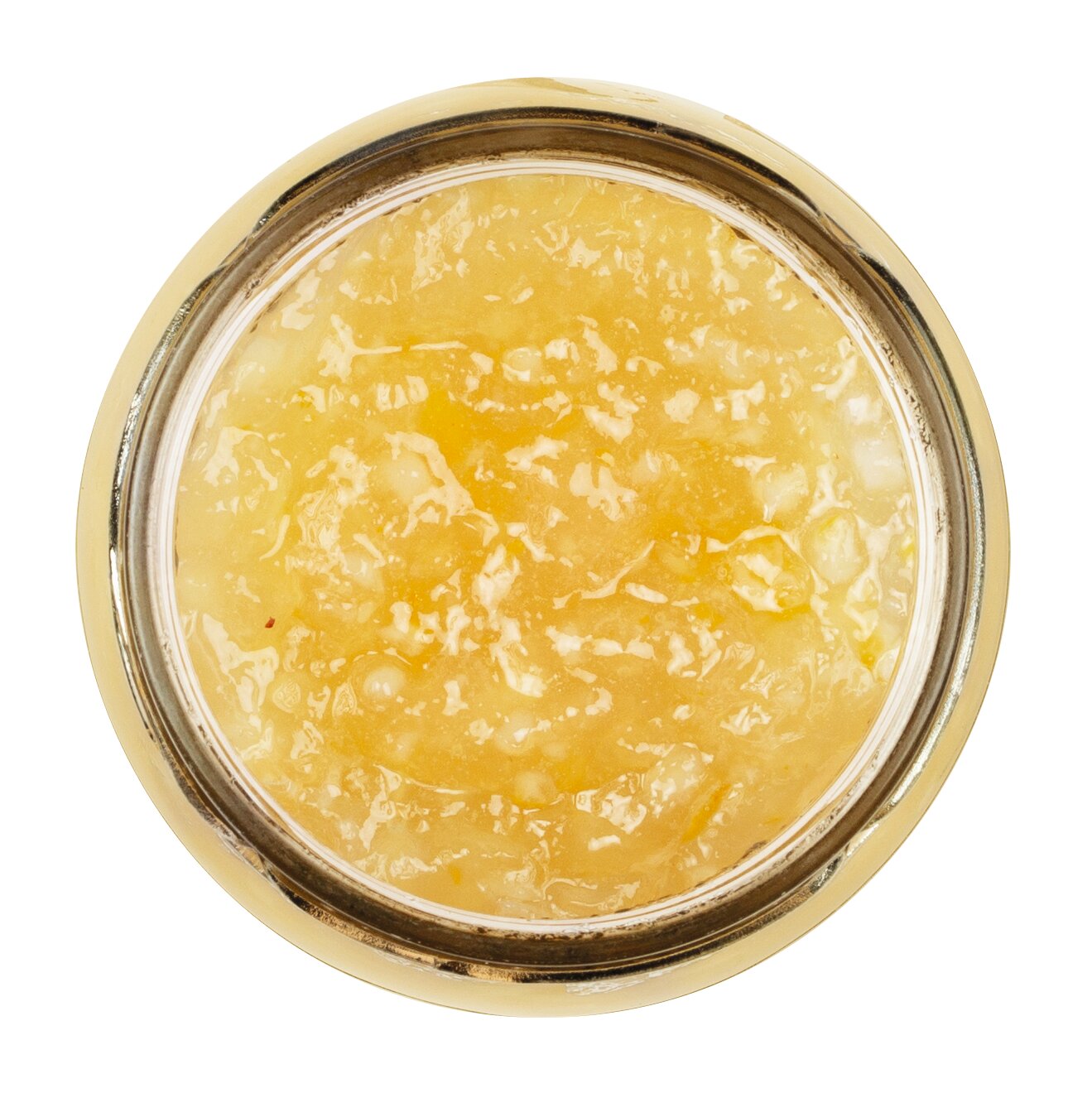 Draufsicht auf einen geöffneten Viani 'Marmellata di Limoni' Fruchtaufstrich aus sizilianischen Zitronen 210 g, der einen dicken, hellgelben Aufstrich mit glatter, leicht kristallisierter Textur in einem goldgerahmten Glas zeigt.