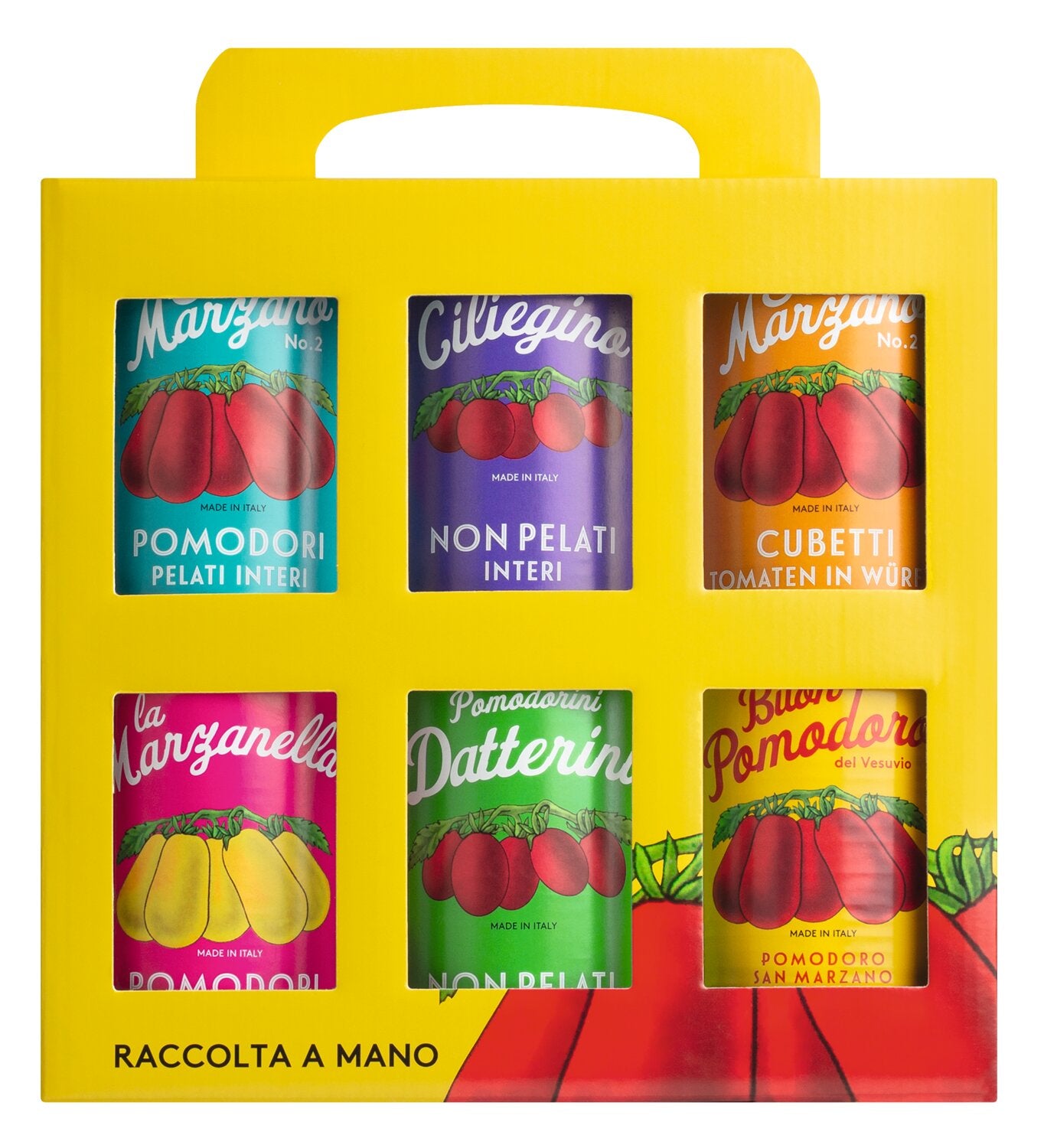 Eine gelbe Schachtel mit Henkel präsentiert Viani | Tomatendosen 6 x 400 g, sechs farbenfrohe Dosen mit alten San Marzano-Tomatenetiketten. Auf der Dose ist "Raccolta a Mano" aufgedruckt - ein authentisches Viani Vintage-Tomatenset.