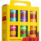 Eine gelbe Schachtel mit Henkel von Viani enthält sechs farbenfrohe 400g-Dosen Tomatendosen, die jeweils mit verschiedenen Sorten beschriftet sind. Auf der Verpackung sind rote Tomaten abgebildet und der Text "San Marzano Tomate" und "Raccolta a mano".