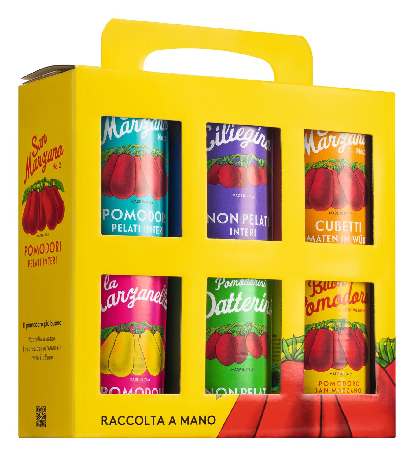Eine gelbe Schachtel mit Henkel von Viani enthält sechs farbenfrohe 400g-Dosen Tomatendosen, die jeweils mit verschiedenen Sorten beschriftet sind. Auf der Verpackung sind rote Tomaten abgebildet und der Text "San Marzano Tomate" und "Raccolta a mano".