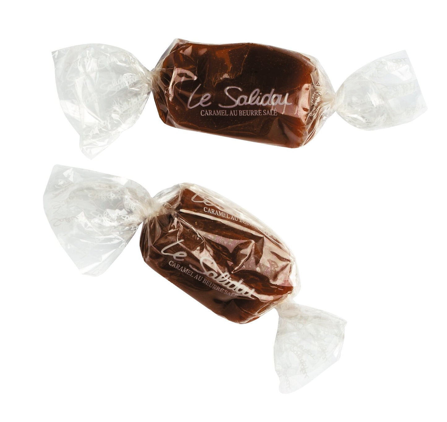 Zwei Karamellbonbons von Viani, jeweils in Klarsichtfolie verpackt, zeigen die Aufschrift "Viani | Karamellbonbon mit gesalzener Butter 50 g" auf den dunkelbraunen Bonbons im Inneren.