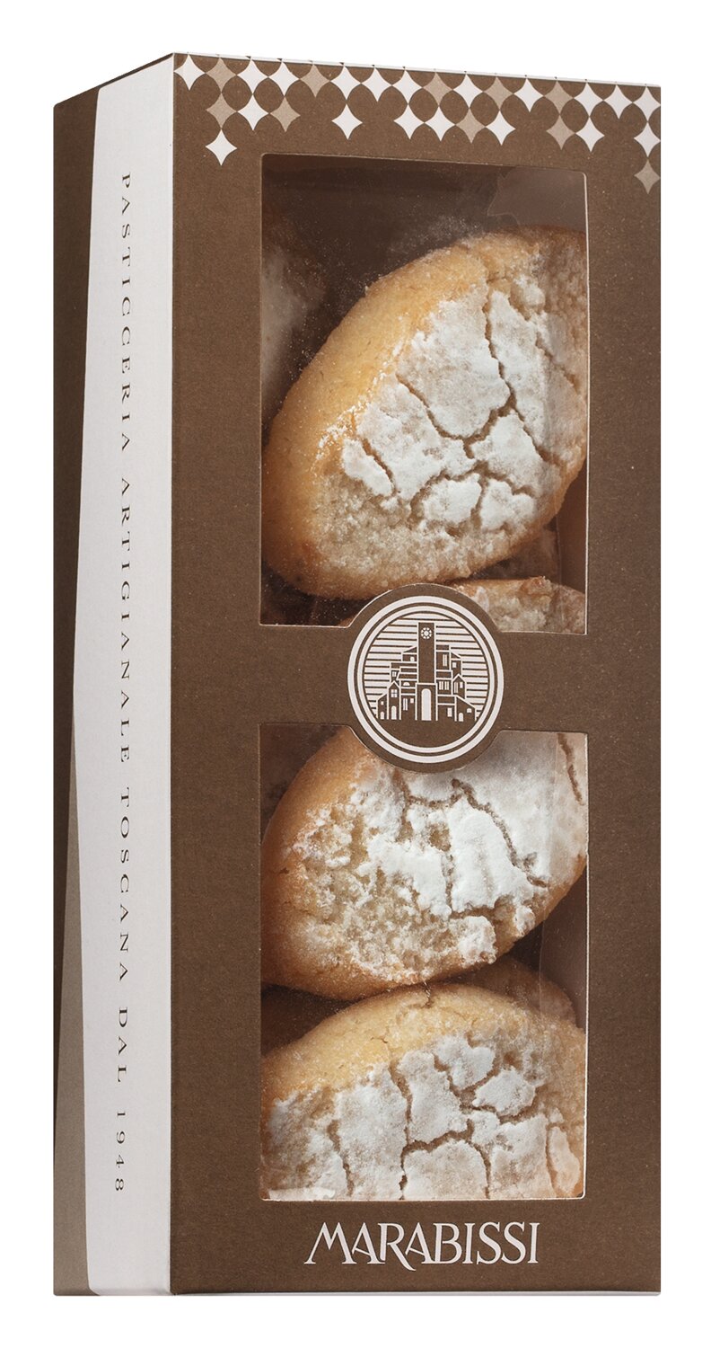 Eine Schachtel „Viani | ‚Ricciarelli‘ Mandelmakronen aus der Toskana“ (120 g) enthält vier mit Puderzucker bestäubte toskanische Mandelkekse, die durch ein Sichtfenster zu sehen sind. Die Verpackung ist braun und mit weißen geometrischen Akzenten sowie Text an den Seiten und am Boden versehen.