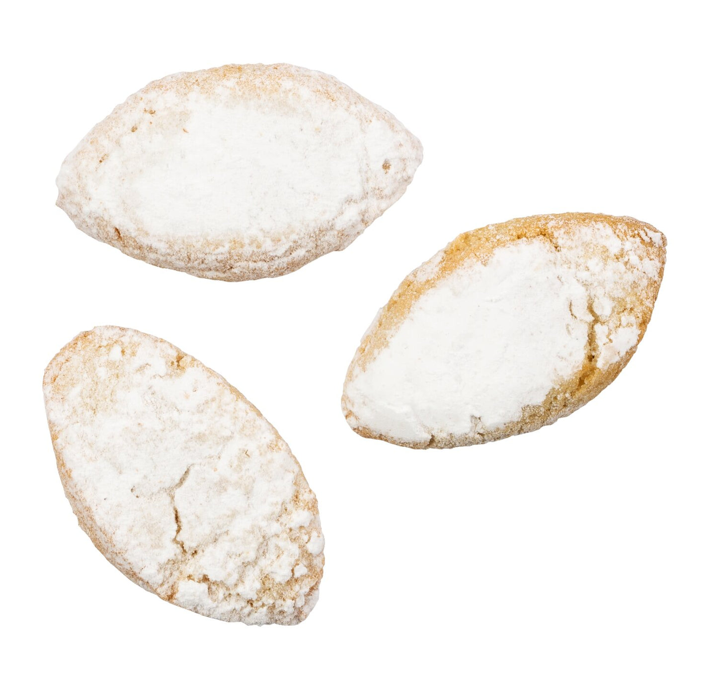 Drei Viani „Ricciarelli“ Mandelmakronen aus der Toskana (120 g), oval und mit Puderzucker bestäubt, sind auf einem weißen Hintergrund abgebildet.