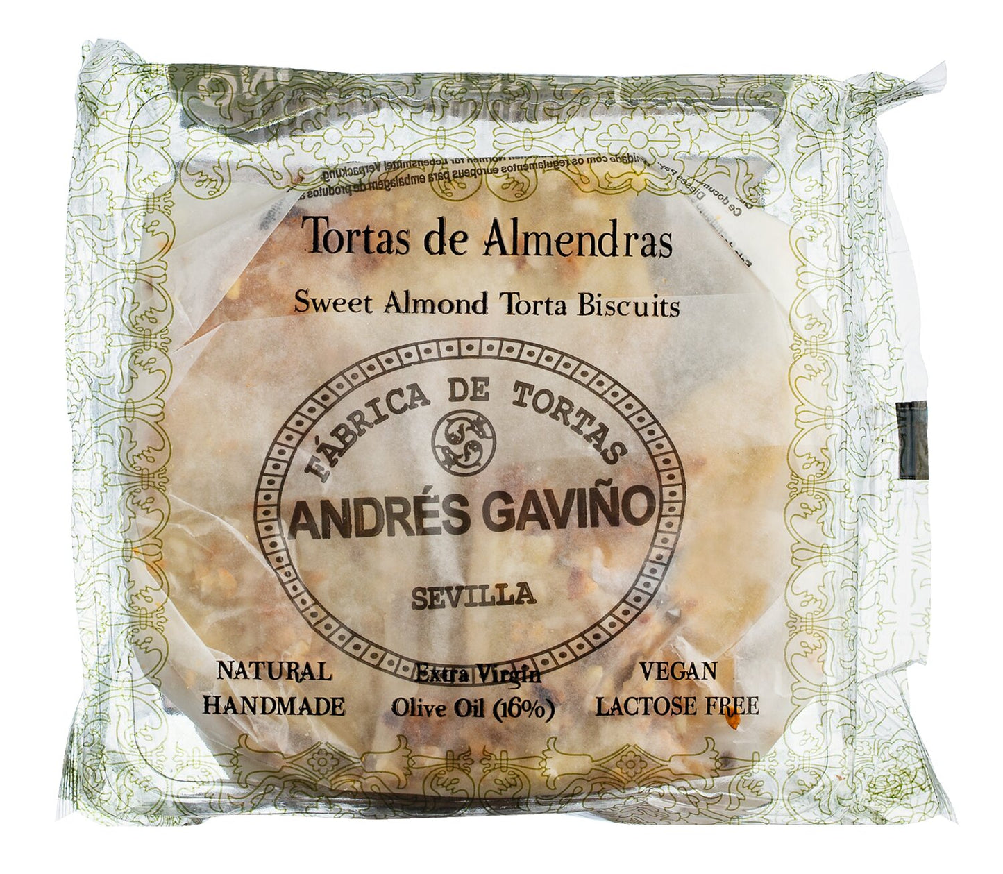 Viani | „6 Tortas de Almendras“ – Gebäck mit Olivenöl und Mandeln, 210 g: spanische Spezialität, handgemacht, vegan, laktosefrei, enthält 60 % Olivenöl. Der Text ist von einem dekorativen Rahmen umgeben.