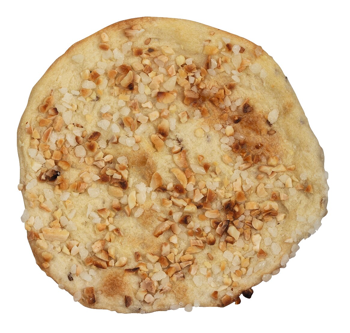 „Viani '6 Tortas de Almendras' – Gebäck mit Olivenöl und Mandeln (210 g)“ ist ein rundes, flaches spanisches Gebäck, das mit gehackten Mandeln und grobem Zucker bestreut ist, an „Tortas de Almendras“ erinnert und vor einem weißen Hintergrund abgebildet ist.