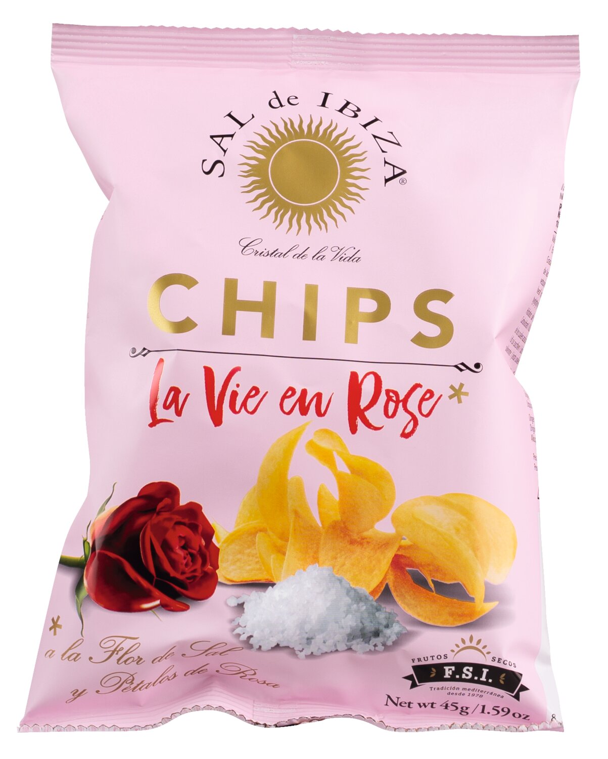 Eine rosa 45-g-Tüte „La Vie en Rose“ Kartoffelchips von Viani mit Rosenaroma und Salz zeigt Kartoffelchips, eine Rose sowie gold-rote Akzente, die das zarte Rosenaroma und den Salzgeschmack unterstreichen.