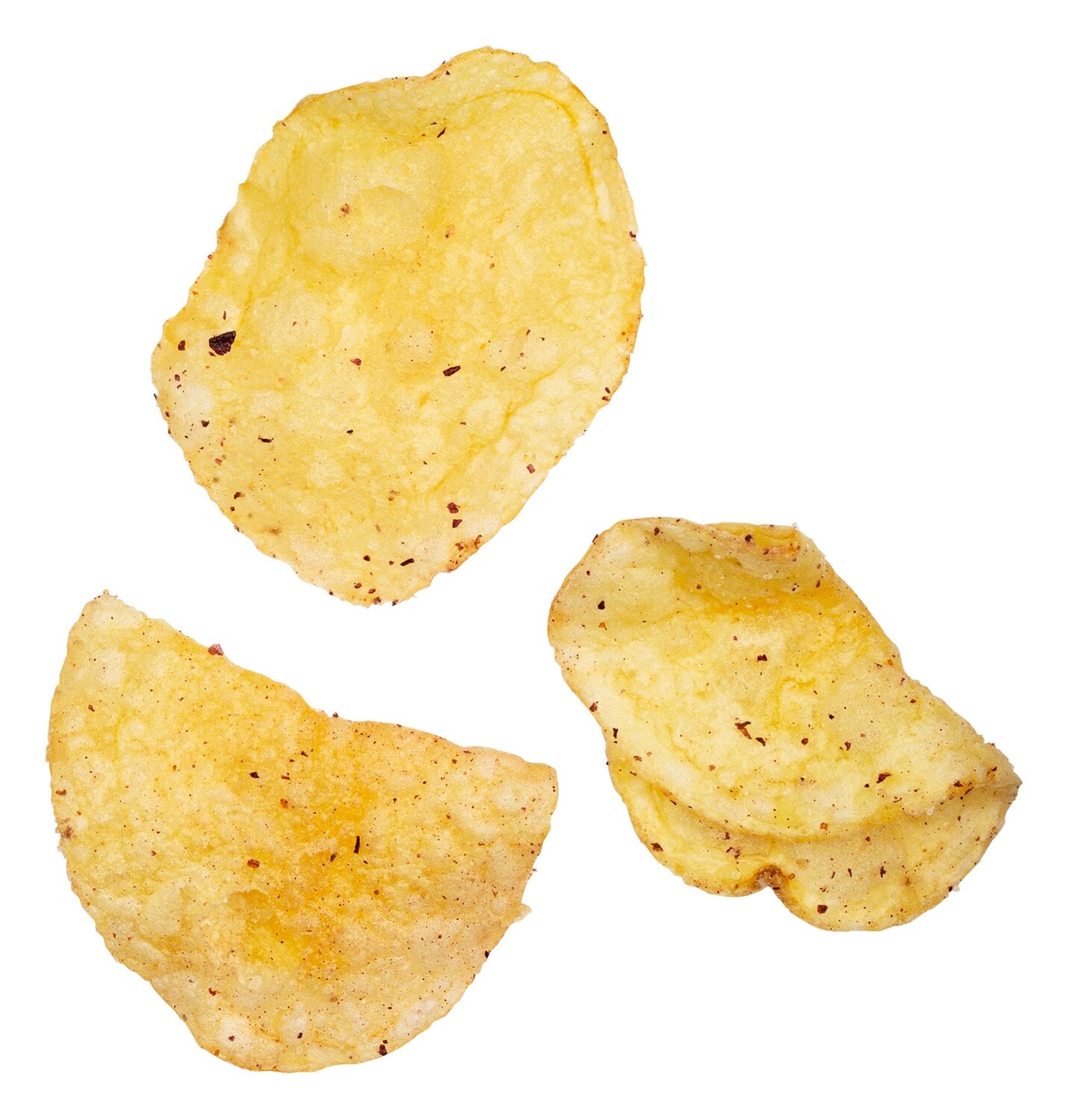 Drei Viani | „La Vie en Rose“ Kartoffelchips mit Rosenaroma & Salz 45 g sind auf weißem Hintergrund abgebildet: goldgelb und knusprig, mit sichtbaren Bläschen, leicht gewellten Rändern und einer Prise Salz.