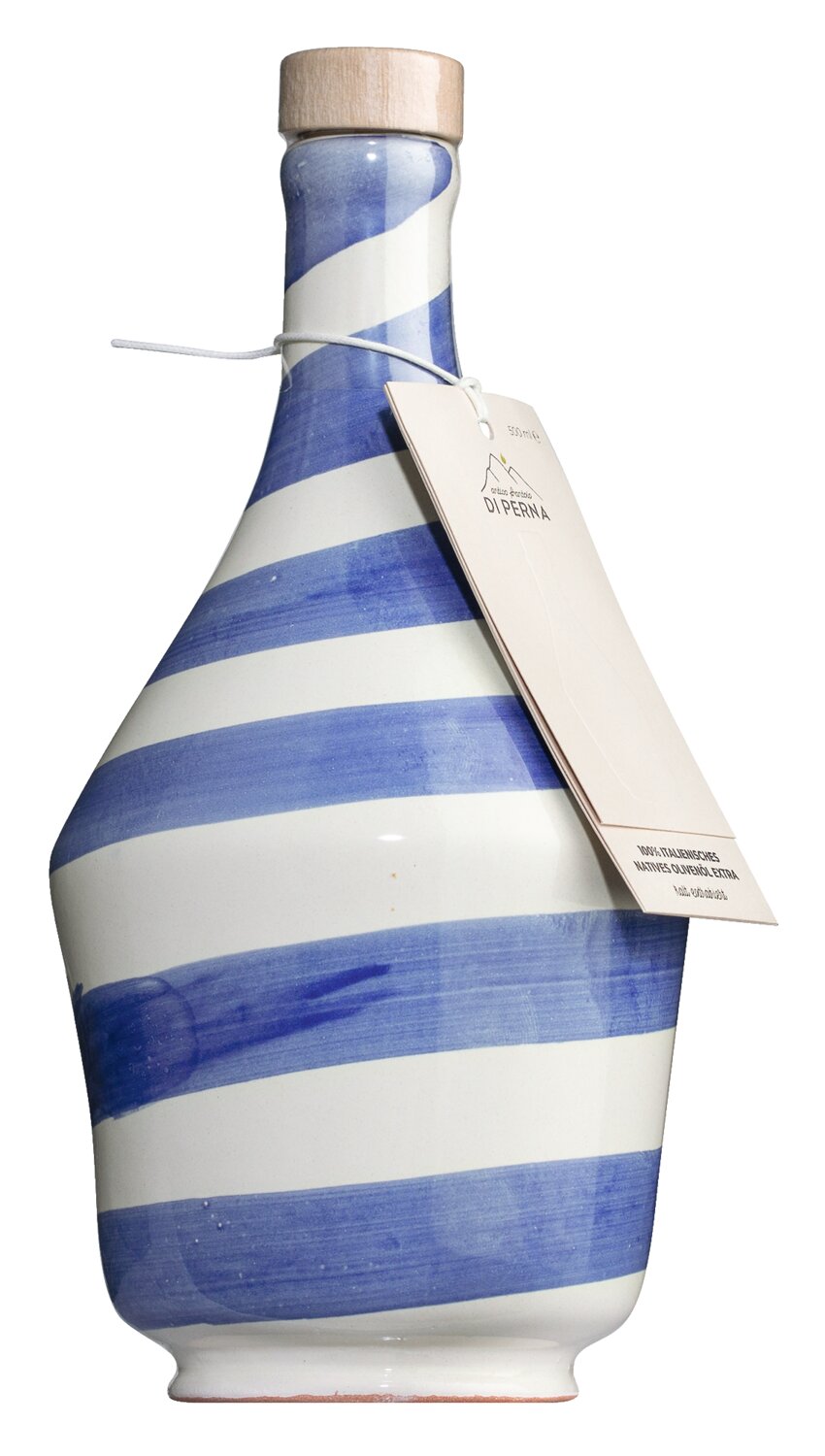 Handbemalter Keramikkrug „Spirale Blu“ von Frantoio di Perna – mit blauen und weißen Diagonalstreifen, Holzdeckel und cremefarbenem Etikett an einem Band – ideal zur Aufbewahrung von nativem Olivenöl extra (500 ml).